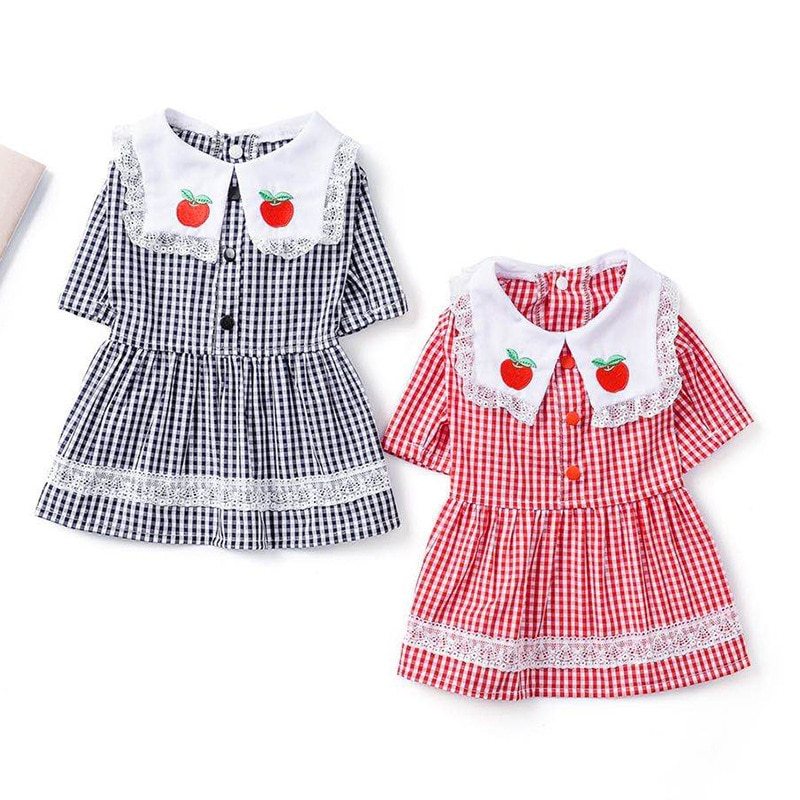 Gingham dog dress with strawberry embroidery and lace collar