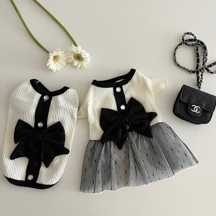 Black and white princess dog dress with gauze skirt and ribbon