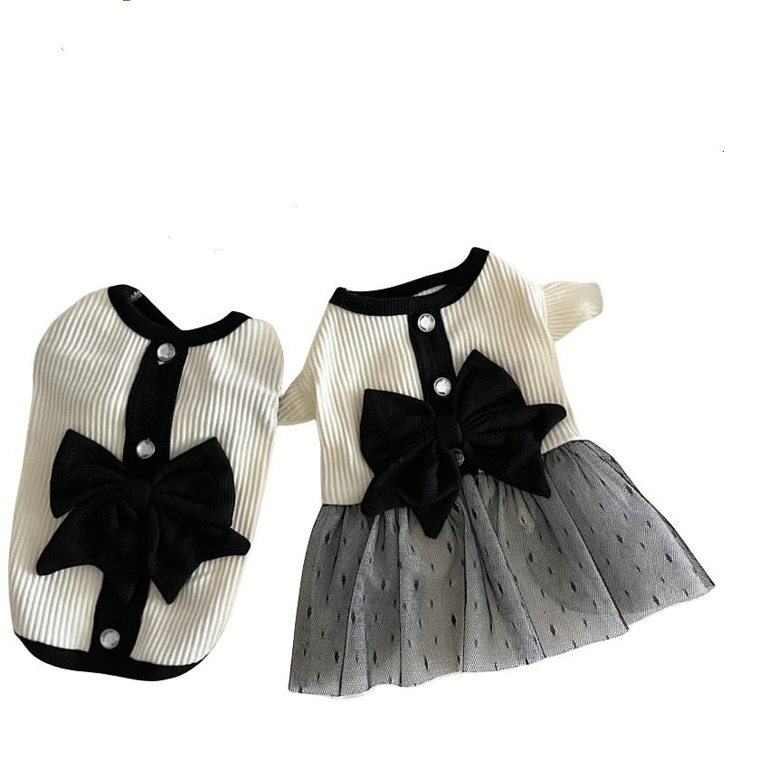 Black & White Princess Dog Dress – Summer Gauze Skirt with Ribbon & Buttons