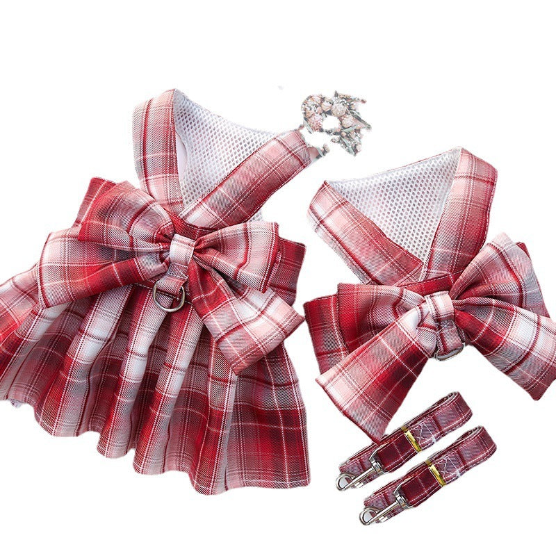 Princess Plaid Bow Dog Harness & Leash Set | Cute Skirt Design for Small Pets