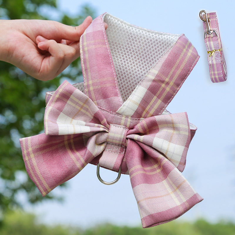 Princess Plaid Bow Dog Harness & Leash Set | Cute Skirt Design for Small Pets