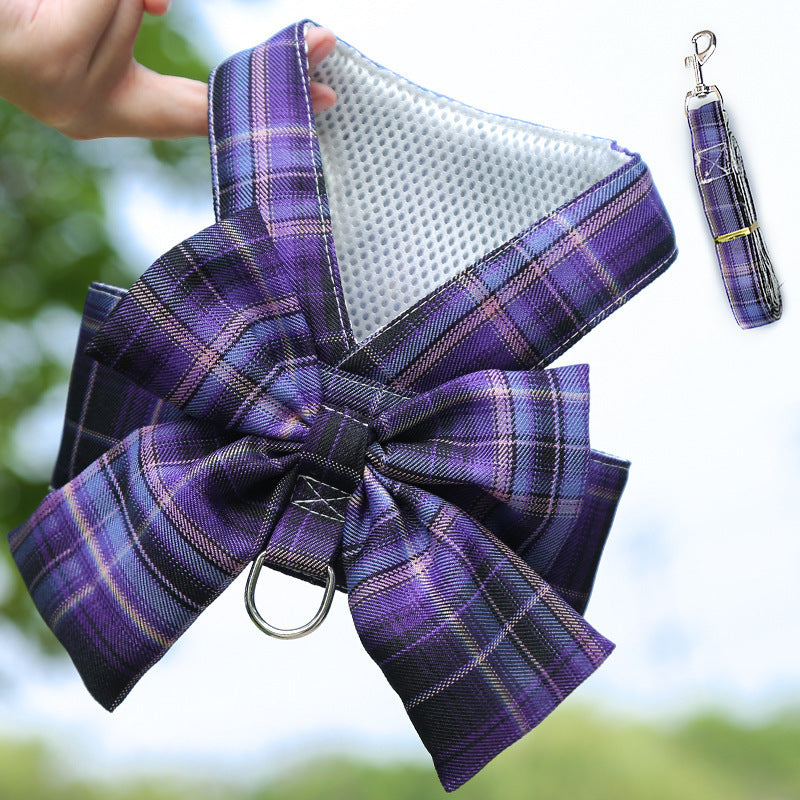 Princess Plaid Bow Dog Harness & Leash Set | Cute Skirt Design for Small Pets