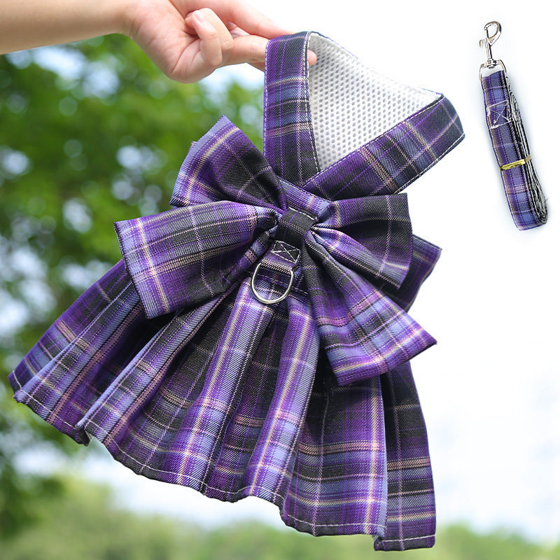Princess Plaid Bow Dog Harness & Leash Set | Cute Skirt Design for Small Pets