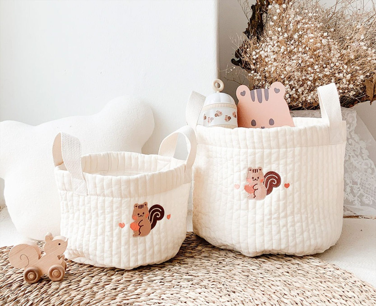 Beige cotton storage baskets with cute animal prints