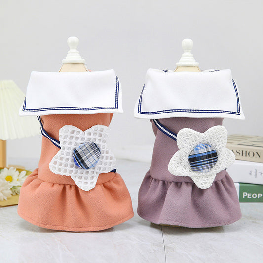 Dog dress with big flower and lapel collar – pink and purple