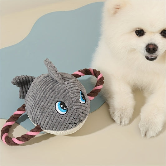 Gray whale plush dog toy with twisted rope