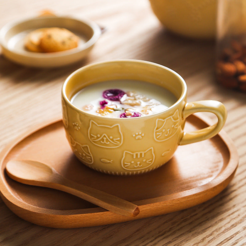 Beige cozy breakfast mug with cat illustration