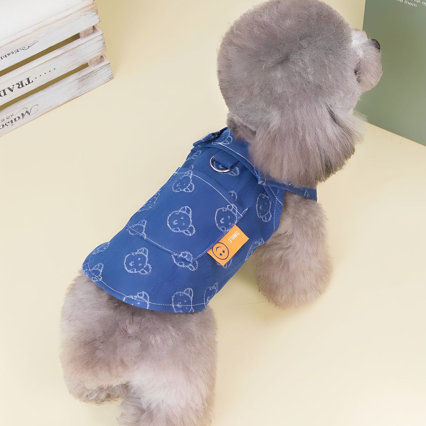 close-up of denim pet dress with buckle