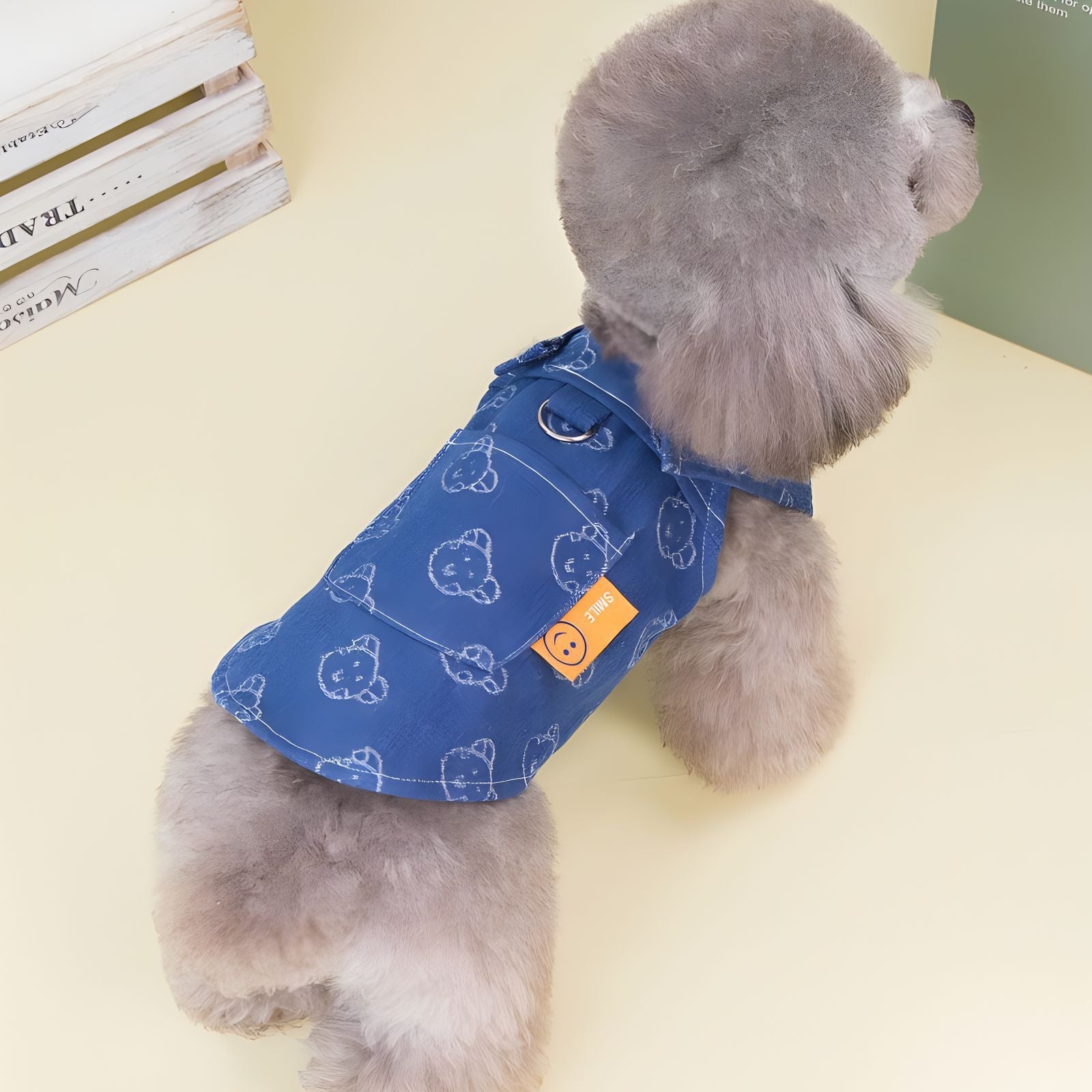 close-up of denim pet dress with buckle