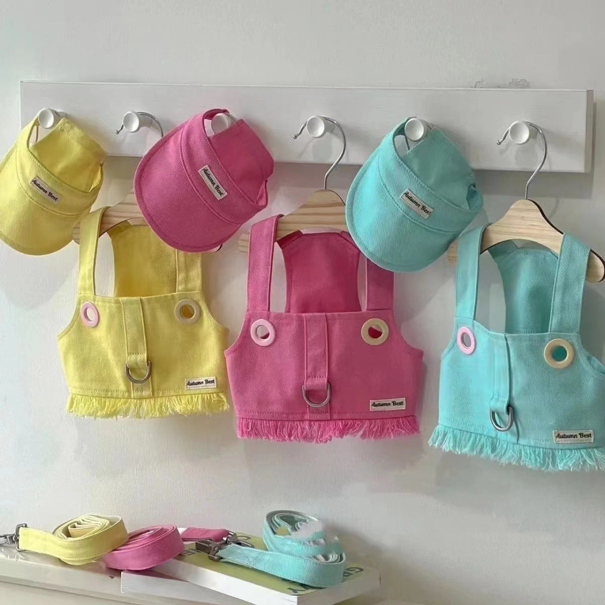 Candy colored dog vest with matching hat