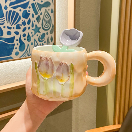 pink and blue tulip mug closeup