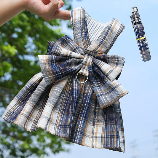 Red plaid bow dog harness with leash set
