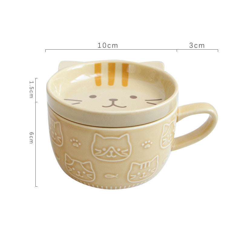Japanese Cartoon Cat Ceramic Mug with Lid – Cozy Breakfast Cup | Mello & Co.