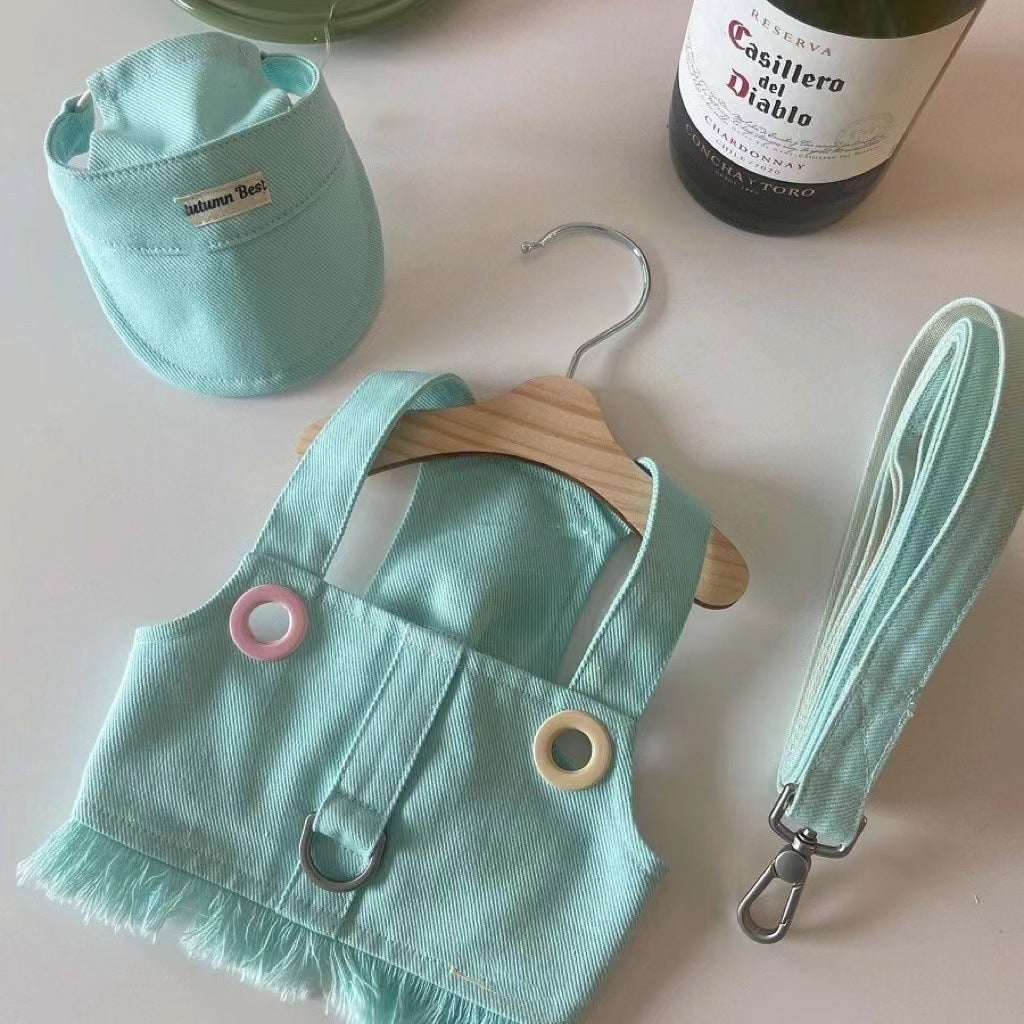 Pastel dog clothes on hanger with leash options

