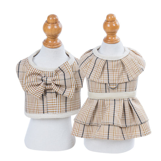 Elegant plaid pet dress with secure harness