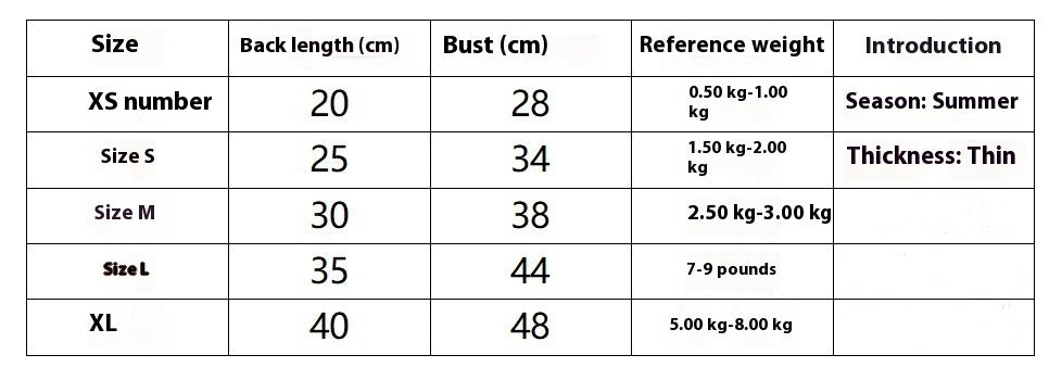 Size chart for chic black dog dress (XS to XL)