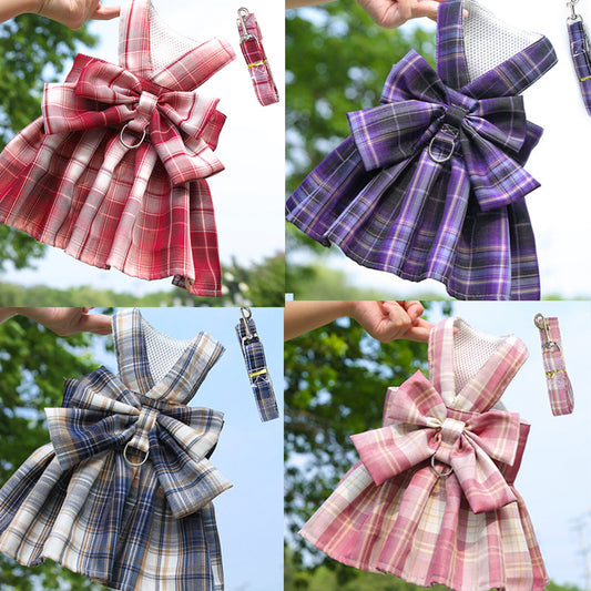 Princess Plaid Bow Dog Harness & Leash Set | Cute Skirt Design for Small Pets