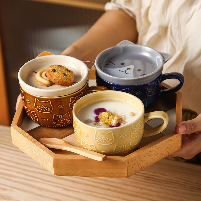 Japanese cartoon cat ceramic mug with cookie
