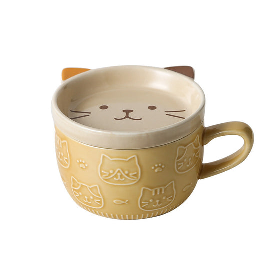 Japanese Cartoon Cat Ceramic Mug with Lid – Cozy Breakfast Cup | Mello & Co.